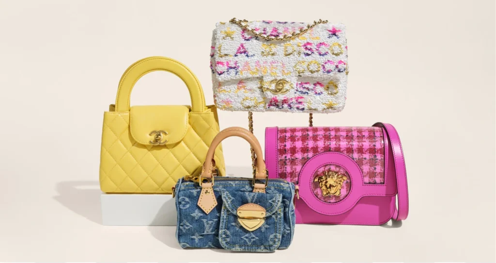 29 four designer handbags arranged together on a light beige background a yellow quilted top handle bag on a white pedestal, a multicolor tweed shoulder bag hanging above, a blue monogram